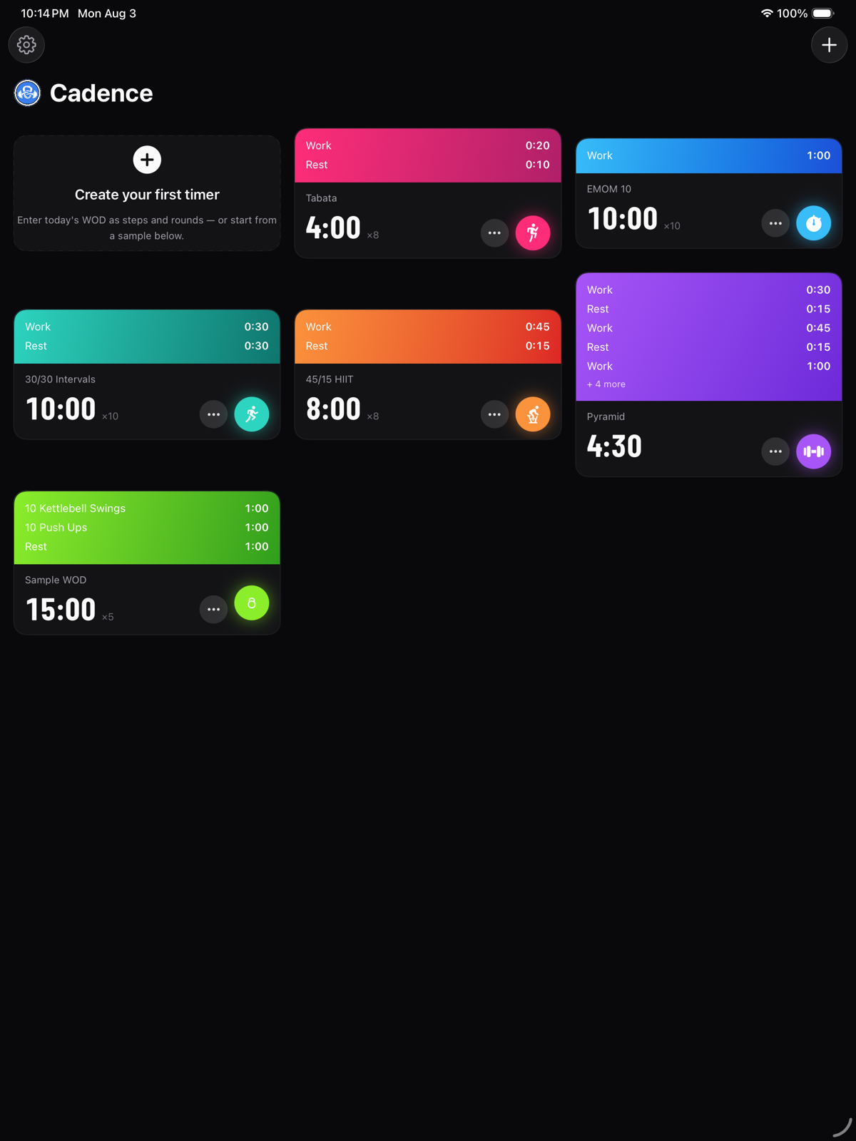 Cadence WOD Timers library on iPad — three-column grid of colorful workout timers