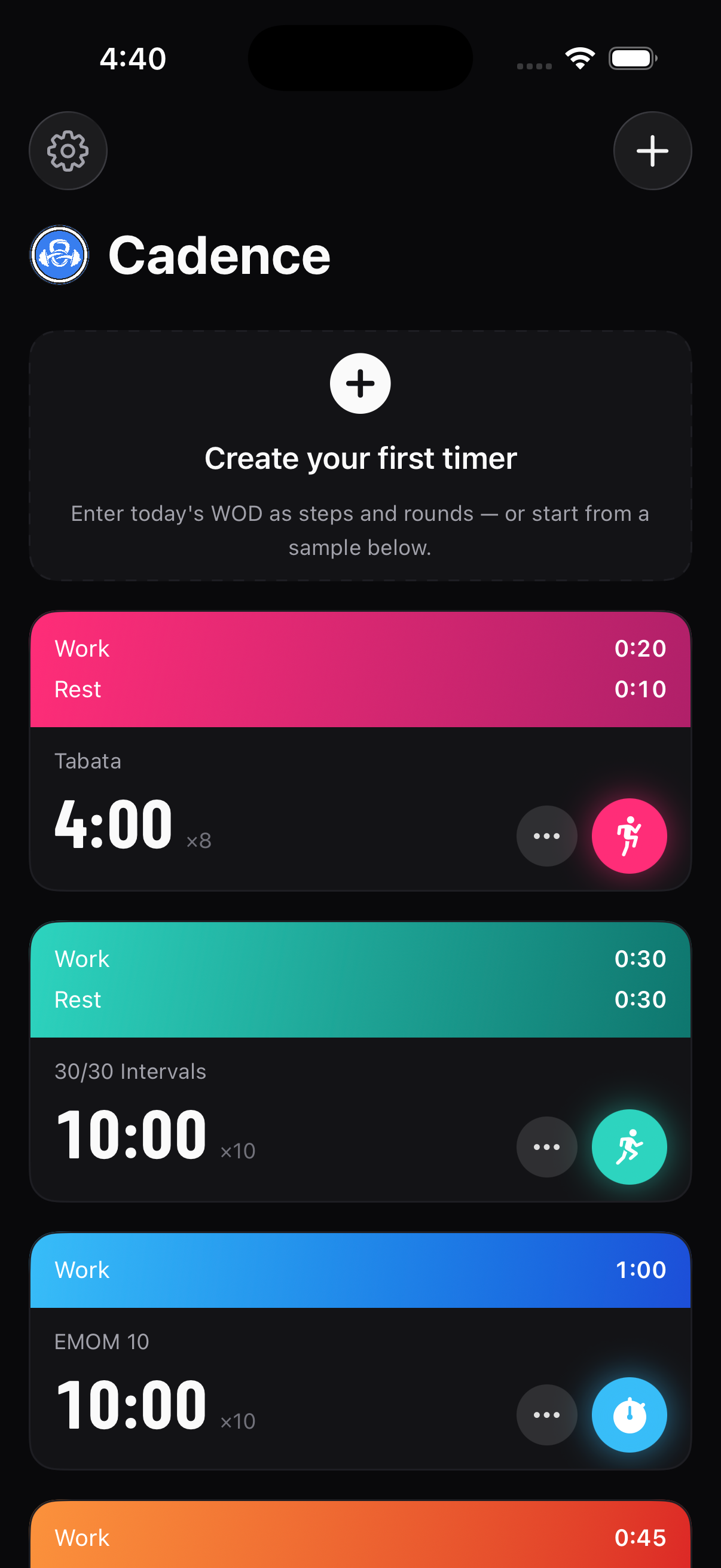 Timer library with colorful Tabata, EMOM and interval cards
